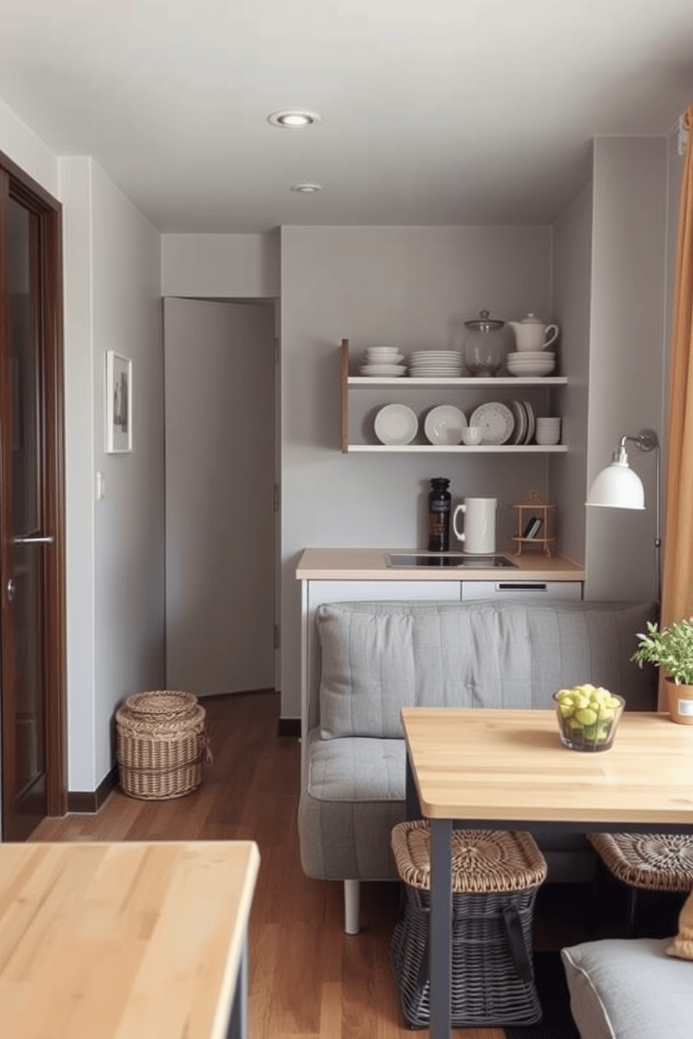 A cozy tiny apartment featuring a minimalist layout with multifunctional furniture. The living area includes a compact sofa that doubles as a bed, surrounded by decorative baskets used for stylish storage. The kitchen showcases open shelving with neatly arranged dishes and a small dining table that seats two. A warm color palette of soft greys and muted yellows enhances the inviting atmosphere of the space.