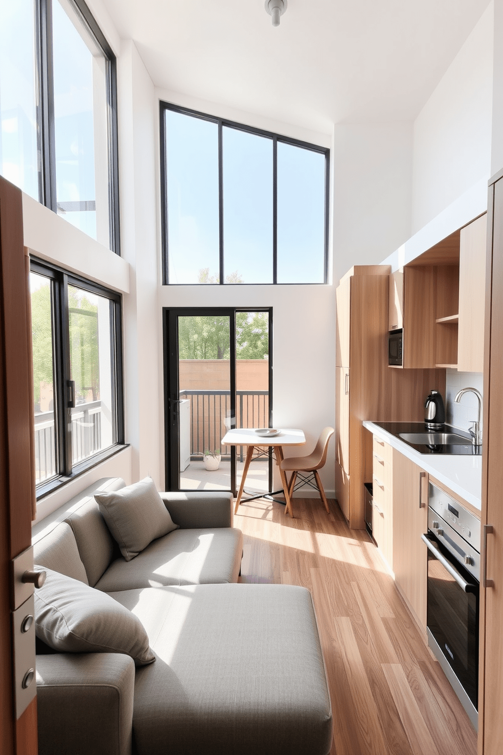 A cozy and functional tiny apartment featuring a compact living area with a multifunctional sofa that converts into a bed. The walls are painted in a light neutral tone, and large windows allow natural light to flood the space, enhancing the feeling of openness. In the corner, a small dining table with two chairs is positioned next to a sliding door that leads to a balcony, maximizing outdoor access. The kitchen area is designed with sleek cabinetry and space-saving appliances, ensuring all essentials are within reach while maintaining a clean aesthetic.