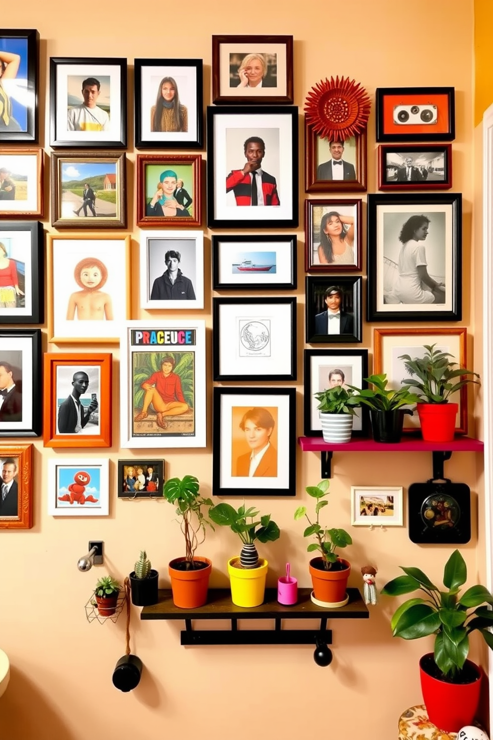 Create a vibrant gallery wall that showcases a mix of framed art pieces, photographs, and personal mementos. The wall features a variety of sizes and styles, arranged in a visually pleasing layout that reflects your unique personality. Incorporate colorful accents and textures to bring warmth to the space. Use a combination of shelves and hooks to display small plants and decorative items, enhancing the charm of your tiny apartment.