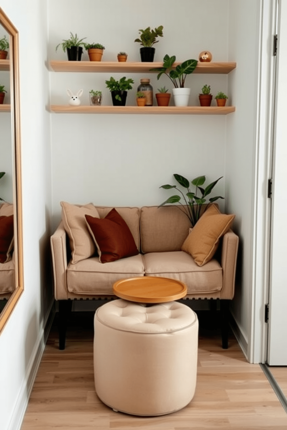 A cozy corner seating area featuring a compact loveseat with soft cushions and a small round coffee table. The walls are adorned with floating shelves displaying plants and decorative items, creating an inviting atmosphere. Incorporate a multi-functional ottoman that can serve as both seating and storage. Use light colors and mirrors to enhance the sense of space and light in the tiny apartment.