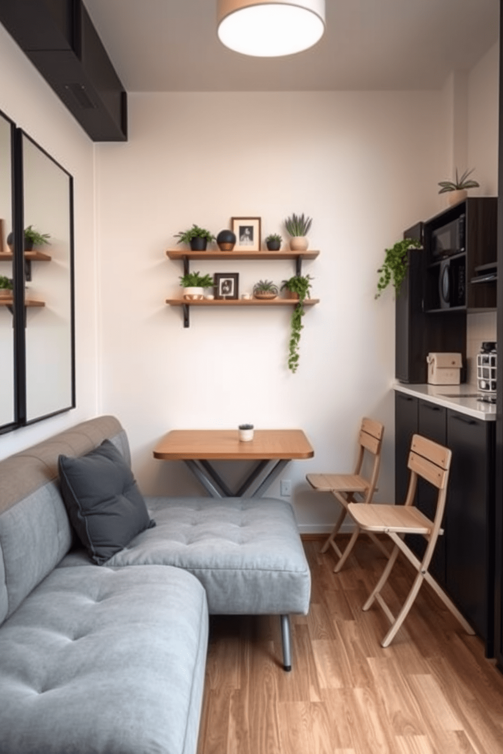 A cozy tiny apartment featuring a convertible sofa that transforms into a bed, maximizing space while providing comfort. A compact dining table with foldable chairs is placed near the kitchen, allowing for easy storage and versatility. The walls are painted in light colors to create an illusion of spaciousness, with large mirrors reflecting natural light. Decorative shelves are installed above the sofa, displaying plants and books to add personality without taking up floor space.