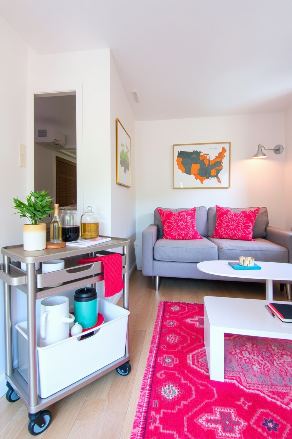 A stylish tiny apartment features a rolling cart used as mobile storage, adorned with decorative items and practical kitchenware. The cart is placed near a compact dining area, enhancing functionality while maintaining an open and airy feel. The living space includes a cozy sofa that doubles as a bed, complemented by a sleek coffee table that can be easily moved. Bright accent pillows and a vibrant area rug add warmth and personality to the minimalist design.