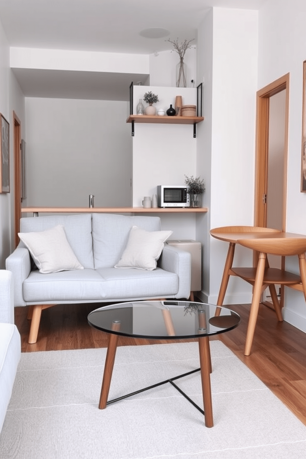 A tiny apartment featuring a cozy living area with a light gray sofa that has exposed wooden legs. A round glass coffee table sits in front of the sofa, allowing for an unobstructed view of the space. The dining area includes a small wooden table with four chairs that have slim, tapered legs, enhancing the feeling of openness. A wall-mounted shelf displays decorative items without taking up floor space, keeping the area airy and uncluttered.