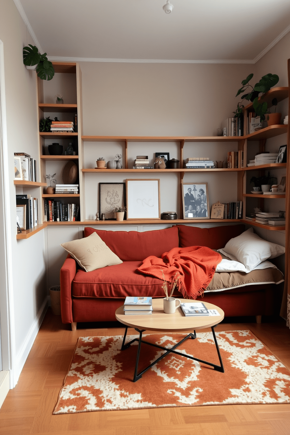 A cozy living space in a tiny apartment featuring built-in shelves along one wall for optimal storage. The shelves are filled with books, plants, and decorative items, creating a personalized touch. The room has a multifunctional sofa that converts into a bed, maximizing space efficiency. A small coffee table sits in front of the sofa, complemented by a stylish area rug that adds warmth to the space.