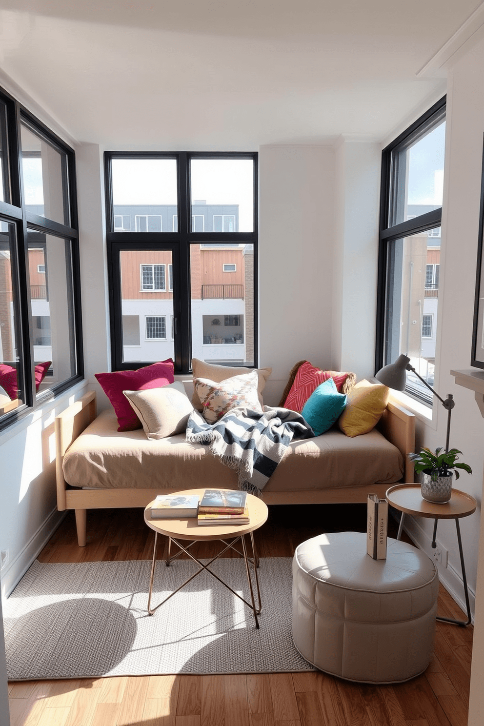 A cozy tiny apartment living space featuring a stylish daybed that serves as both a comfortable seating area and a sleeping space. The daybed is adorned with colorful cushions and a soft throw blanket, creating an inviting atmosphere. Adjacent to the daybed, a compact coffee table holds a few decorative books and a small potted plant. The walls are painted in a light, airy color, and large windows allow natural light to flood the room, enhancing the sense of space.