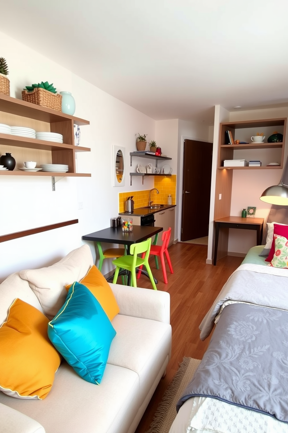 A cozy tiny apartment featuring a neutral palette with pops of color. The living area includes a compact sofa in soft beige adorned with vibrant throw pillows in teal and mustard. A small dining table with colorful chairs sits adjacent to the kitchen. The kitchen showcases open shelving with decorative dishware and a bright backsplash that adds character. The bedroom is designed with a light gray bedspread accented by colorful cushions. A small desk in the corner provides a functional workspace while maintaining the airy feel of the apartment.