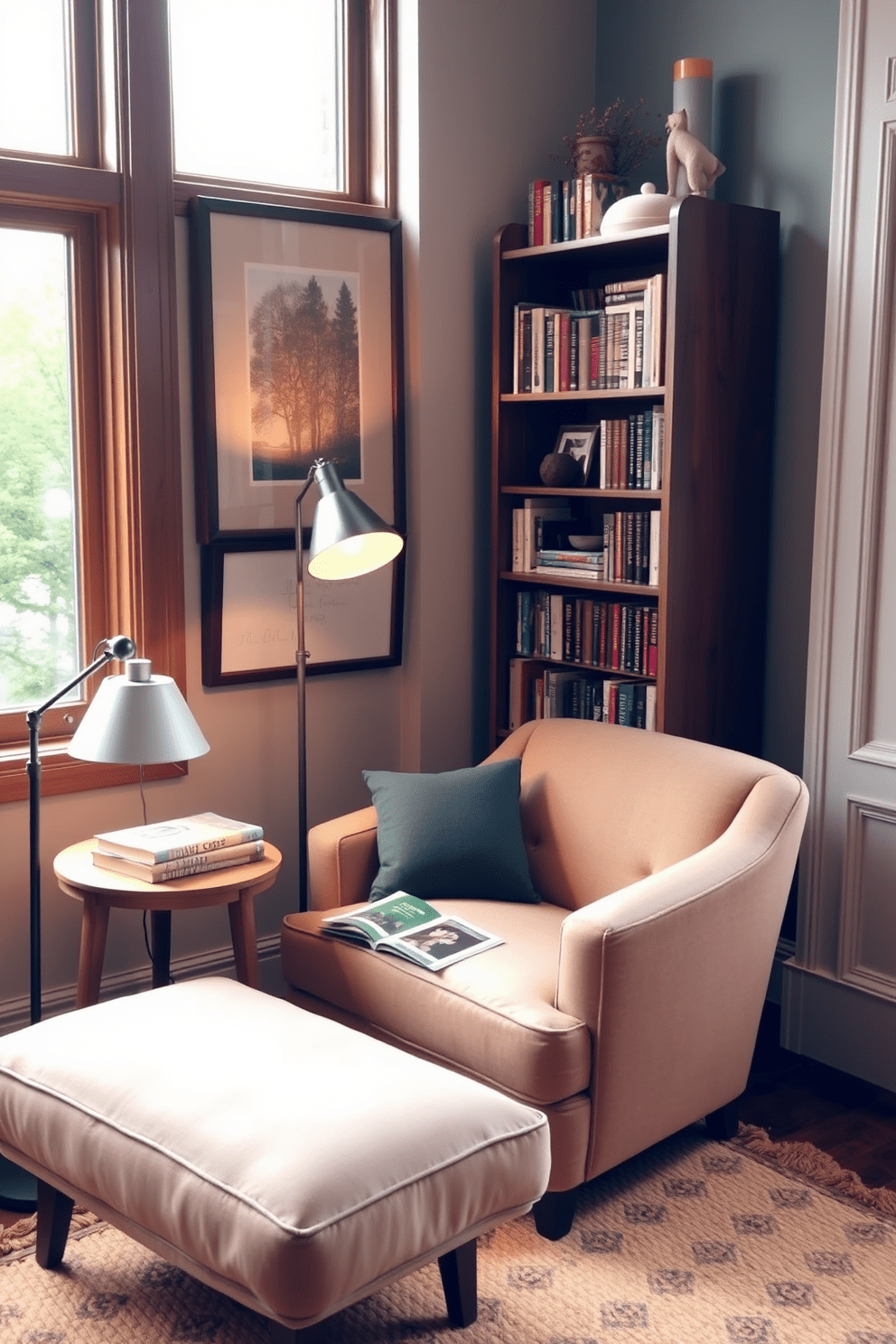 Create a cozy reading nook with a plush armchair upholstered in soft fabric. A small side table holds a stack of books and a warm cup of tea, while a floor lamp provides soft lighting for evening reading. In the corner, a tall bookshelf filled with colorful novels and decorative items adds character to the space. A woven rug underfoot enhances the warmth, and a large window allows natural light to flood in, creating an inviting atmosphere.