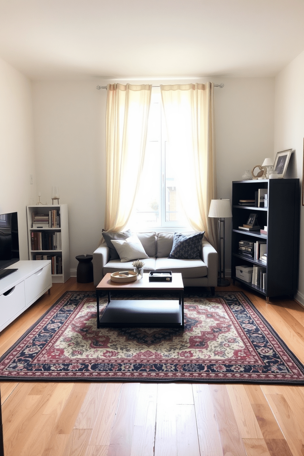 A cozy living area in a tiny apartment featuring a large area rug that brings warmth and unity to the space. The rug is layered under a small sofa and a coffee table, creating an inviting focal point for relaxation and socializing. In the corner, a compact bookshelf holds a collection of books and decorative items, adding personality without overwhelming the room. Natural light streams in through a window adorned with light curtains, enhancing the sense of openness and airiness.