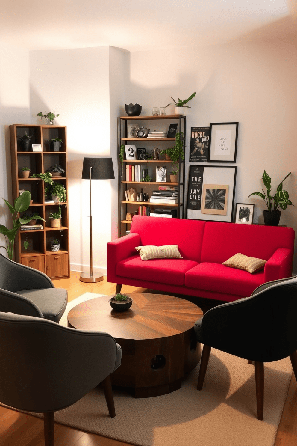 A cozy living area in a tiny apartment featuring a striking mid-century modern sofa in a vibrant color. A round coffee table made of reclaimed wood sits in front, surrounded by minimalist accent chairs that complement the sofa. In the corner, a tall bookshelf filled with plants and curated decor adds vertical interest to the space. Soft lighting from a stylish floor lamp creates a warm ambiance, making the area inviting and functional.