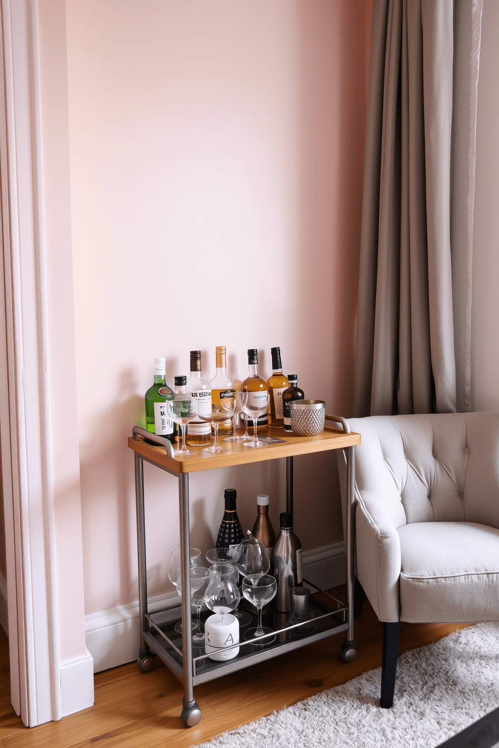 A stylish small bar cart is positioned against a wall in a cozy corner of the tiny apartment. The cart features a sleek metal frame with a wooden top, displaying an array of colorful spirits and elegant glassware. Next to the bar cart, a plush accent chair provides a comfortable seating option for guests. The walls are painted in a soft pastel hue, enhancing the inviting atmosphere of the space.