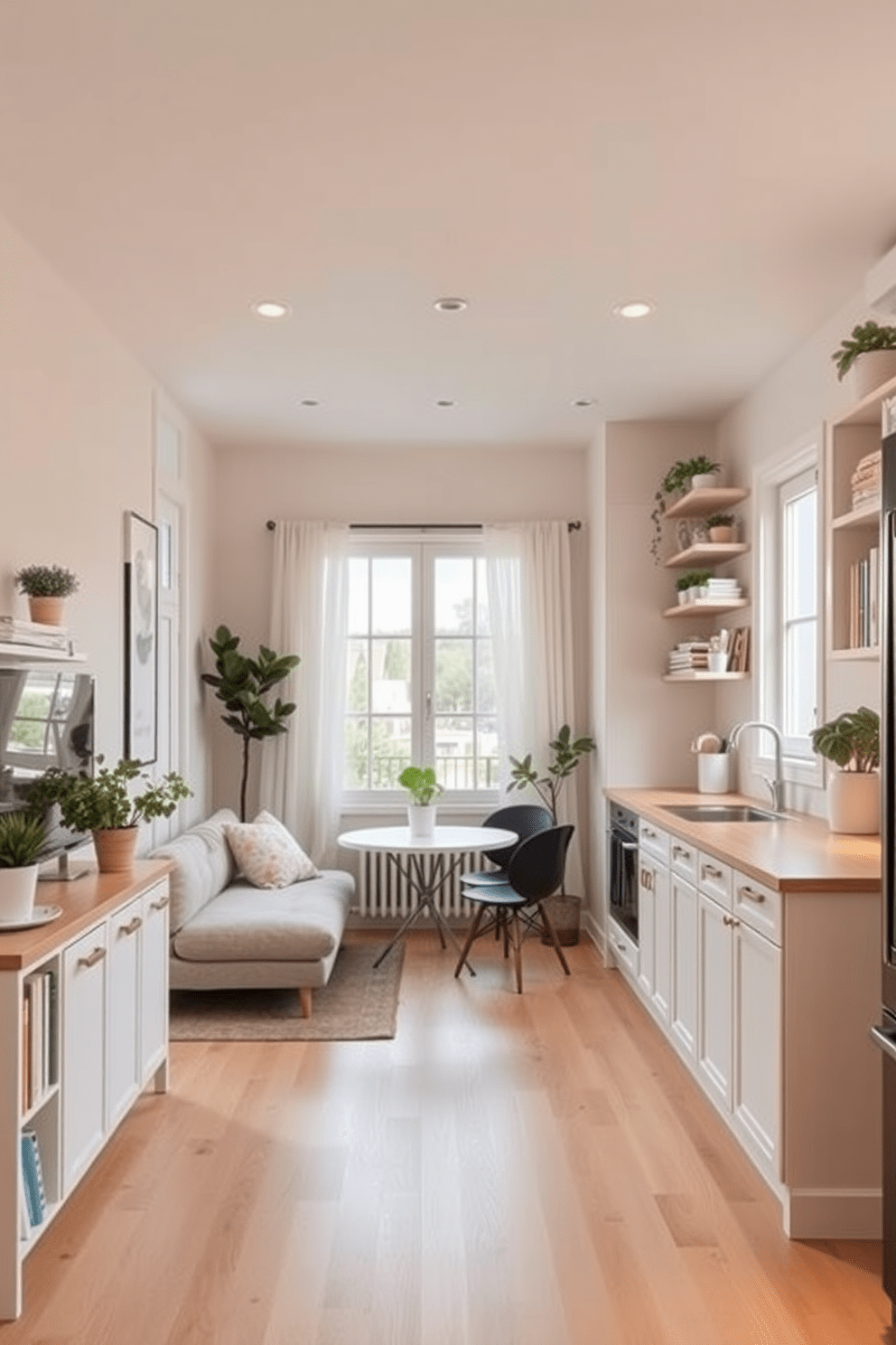 A cozy tiny apartment featuring an open floor plan with light-colored walls and soft natural light flooding in through large windows. The living area includes a compact sofa with pastel cushions, a small coffee table, and a minimalist bookshelf filled with plants and books. The kitchen is designed with white cabinetry and a light wood countertop, maximizing space with pull-out shelves. A small dining nook with a round table and two chairs is positioned near the window, creating an inviting atmosphere for meals.