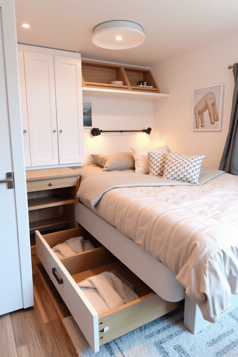 A cozy and functional tiny apartment features a stylish bed with built-in under-bed storage drawers. The room is designed with light colors to create an airy feel, complemented by multi-functional furniture pieces that maximize space.