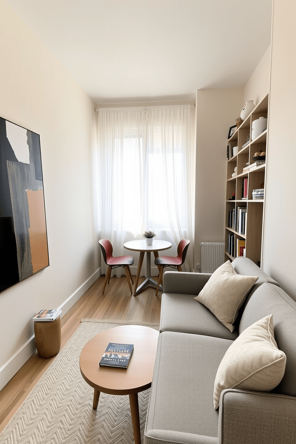 A cozy living area in a tiny apartment features a compact sofa in a soft gray fabric, paired with a round wooden coffee table. The walls are painted in a light cream color to enhance the sense of space, and a large piece of abstract art adds a pop of color. In the corner, a tall bookshelf filled with books and decorative items draws the eye upward, creating an illusion of height. A small dining table with two chairs is positioned near a window, where sheer curtains are hung high to maximize natural light and make the room feel larger.