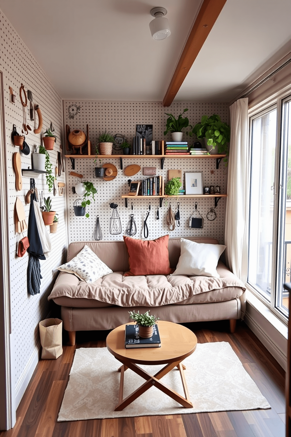 A cozy tiny apartment featuring a creative wall storage solution made from pegboards. The pegboards are adorned with various hooks and shelves, displaying plants, books, and decorative items to maximize space and add personality. The living area includes a compact sofa that doubles as a bed, with a small coffee table in front. Natural light floods the space through a large window, complemented by light-colored curtains that enhance the airy feel of the apartment.