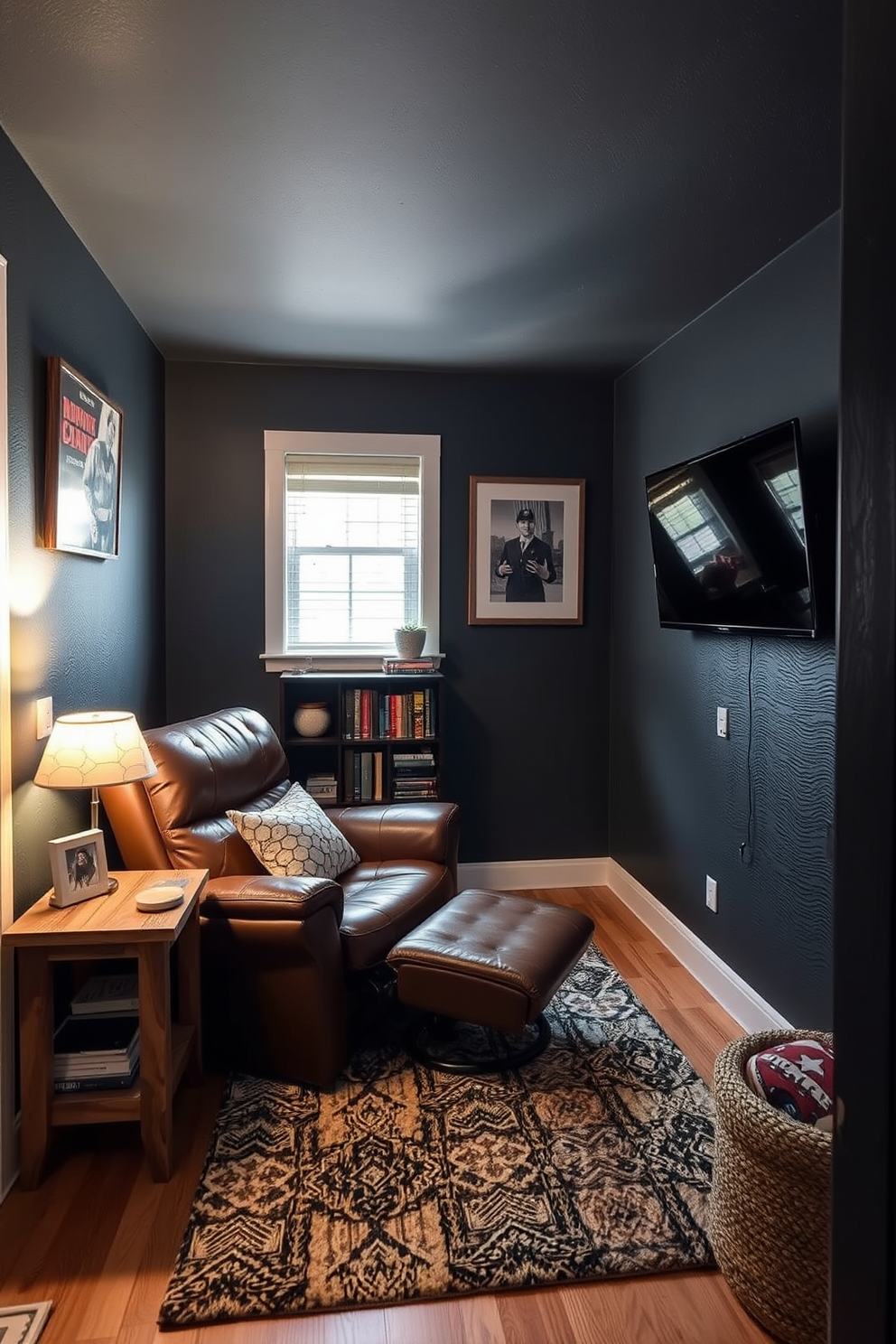 Cozy leather recliner positioned in a corner with a small side table nearby. The recliner features rich brown leather upholstery, creating a warm and inviting atmosphere. The side table is made of reclaimed wood, adding a rustic touch to the space. Soft ambient lighting from a nearby lamp enhances the cozy vibe, making it the perfect spot for relaxation. Tiny man cave design incorporates deep colors like navy blue and charcoal gray for the walls. A small bookshelf filled with favorite reads and collectibles adds personality to the compact space. A wall-mounted television is positioned for optimal viewing, while a plush area rug anchors the seating area. Personal touches like framed photos and sports memorabilia complete the man cave aesthetic.