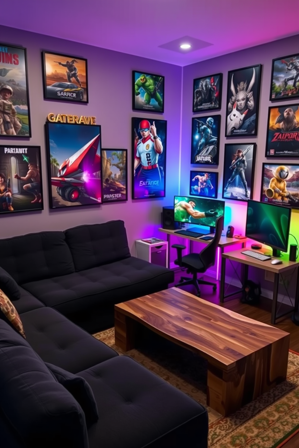 Framed gaming posters adorn the walls of a cozy man cave, showcasing an array of iconic video game art. The space features a comfortable sectional sofa in dark gray, paired with a sleek coffee table made of reclaimed wood. In one corner, a compact gaming setup includes a high-end gaming chair and a large monitor on a minimalist desk. Ambient LED lights provide a dynamic atmosphere, illuminating the room with colors that change according to the gaming experience.