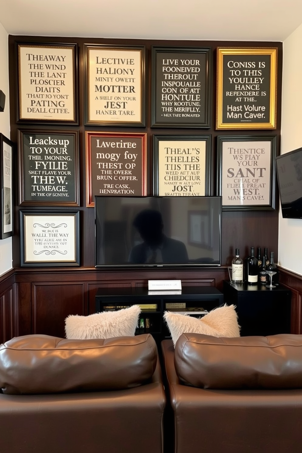 Personalized wall art featuring favorite quotes displayed in elegant frames with a mix of typography styles. The art is arranged in a gallery wall format, enhancing the character of the space with a cozy atmosphere. A tiny man cave designed with dark wood paneling and plush leather seating for a comfortable retreat. The space includes a mini bar with stylish shelving for drinks and a small flat-screen TV mounted on the wall for entertainment.