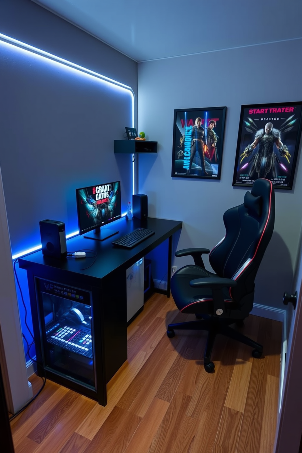 A compact desk designed for a gaming setup features a sleek black surface with built-in cable management. The desk is positioned against a wall adorned with LED strip lights, creating an immersive gaming atmosphere. The tiny man cave incorporates a cozy seating area with a plush gaming chair and a small side table for drinks. Walls are decorated with framed posters of favorite video games, and a mini fridge is tucked into the corner for snacks and refreshments.