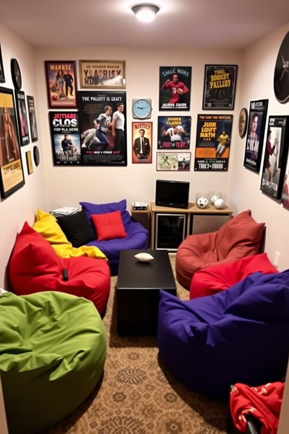 A cozy corner featuring colorful bean bags in various sizes arranged around a low coffee table. The walls are adorned with posters of classic movies and sports memorabilia, creating a relaxed and inviting atmosphere. A compact man cave designed for relaxation with a plush bean bag chair and a small entertainment center. Soft lighting and a mini fridge complete the space, making it perfect for enjoying game nights with friends.