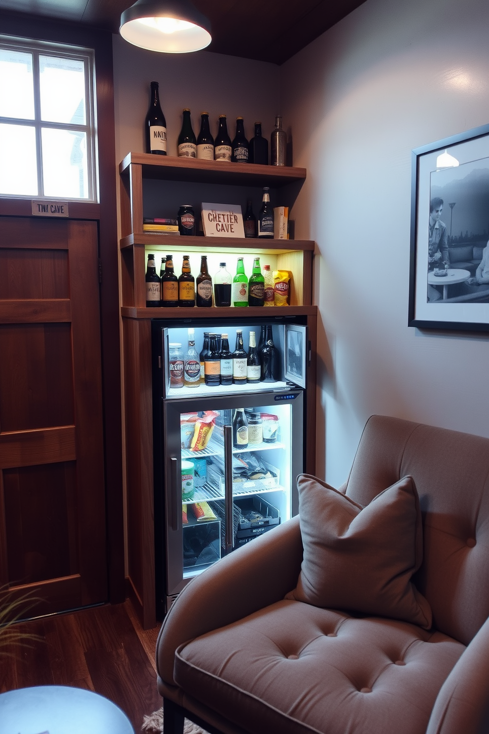 A cozy small fridge tucked into a corner of a stylish tiny man cave. The fridge is surrounded by a rustic wooden shelf displaying an assortment of craft beers and snacks. Soft ambient lighting illuminates the space, creating a warm and inviting atmosphere. A plush armchair and a small coffee table complete the setup, providing a perfect spot for relaxation and entertainment.