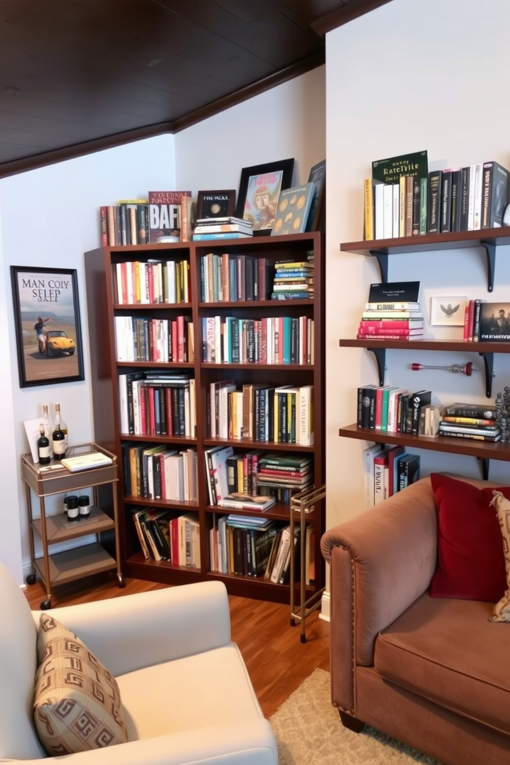 A cozy corner bookshelf filled with an array of reading materials. The shelf is crafted from dark wood and features a comfortable armchair beside it, perfect for curling up with a book. A tiny man cave designed for relaxation and entertainment. The space includes a small bar cart, a plush sofa, and wall-mounted shelves displaying memorabilia and favorite books.