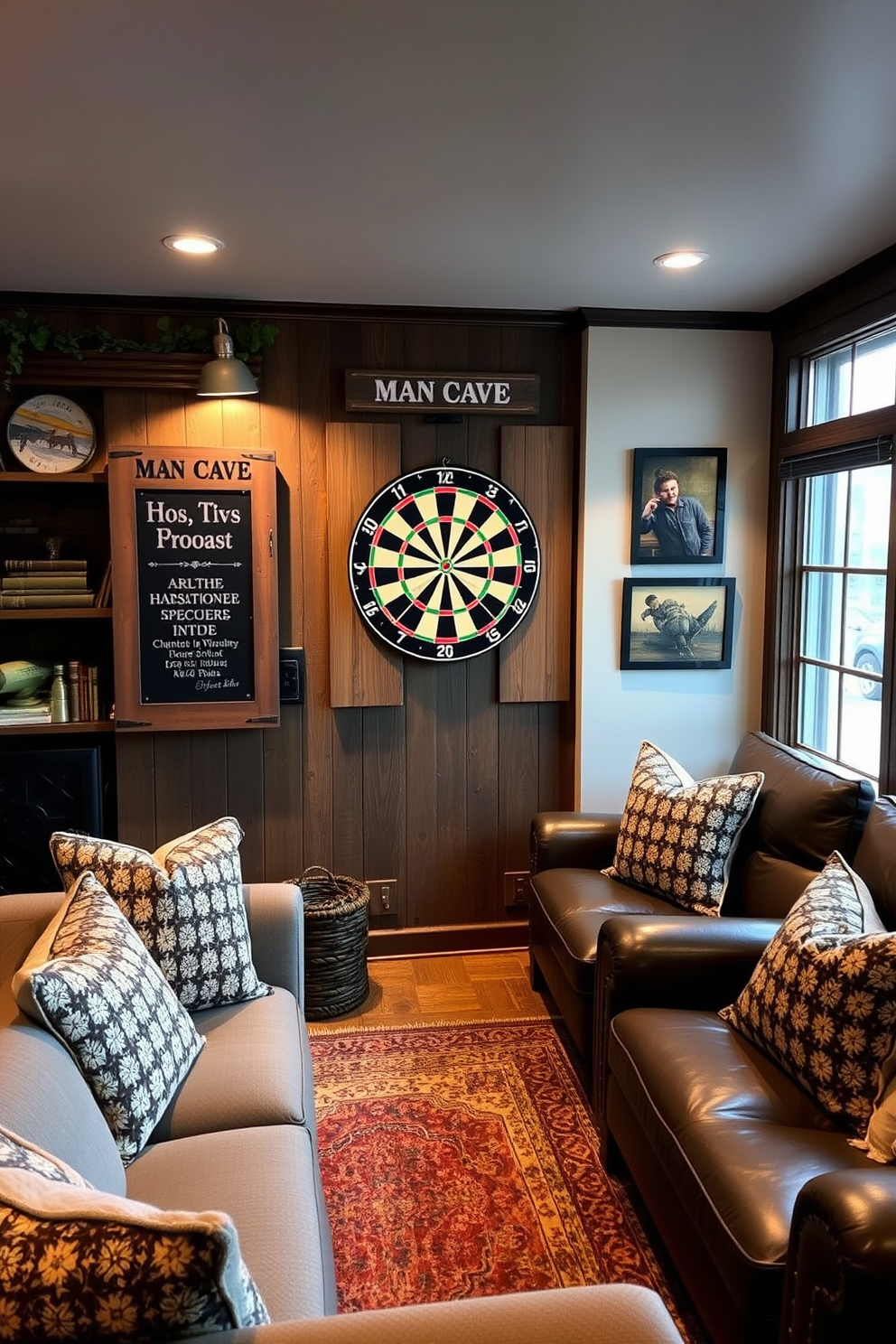 A cozy man cave featuring a wall-mounted dartboard as the focal point. The space is adorned with comfortable seating, ambient lighting, and rustic decor elements to create a relaxed atmosphere.