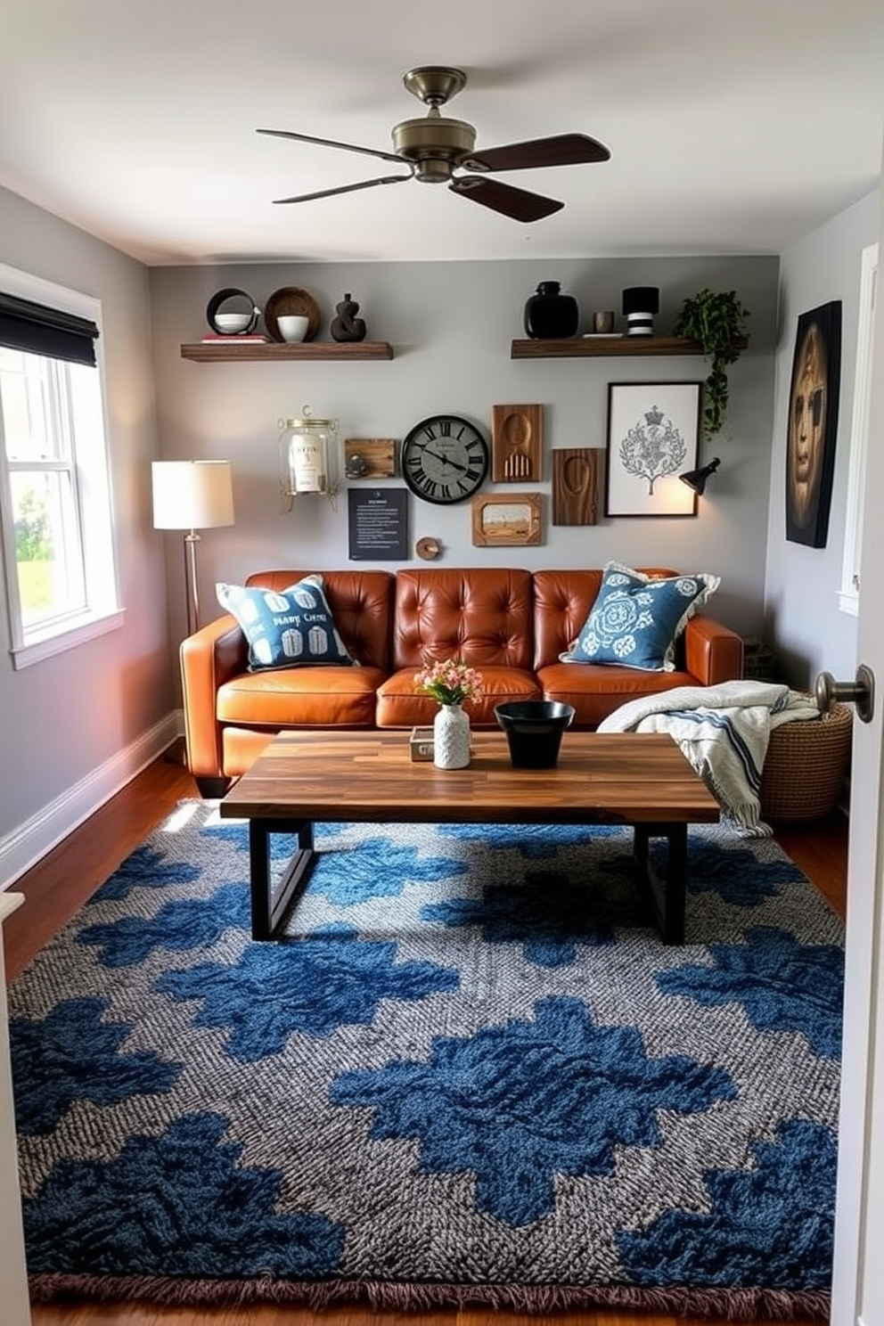 A stylish area rug with a plush texture lies in the center of the room, adding warmth and comfort to the space. The rug features a bold geometric pattern in shades of blue and gray, complementing the surrounding furniture. The tiny man cave is designed with a cozy leather sofa positioned against the wall, creating an inviting atmosphere. A reclaimed wood coffee table sits in front of the sofa, surrounded by vintage decor and soft ambient lighting.