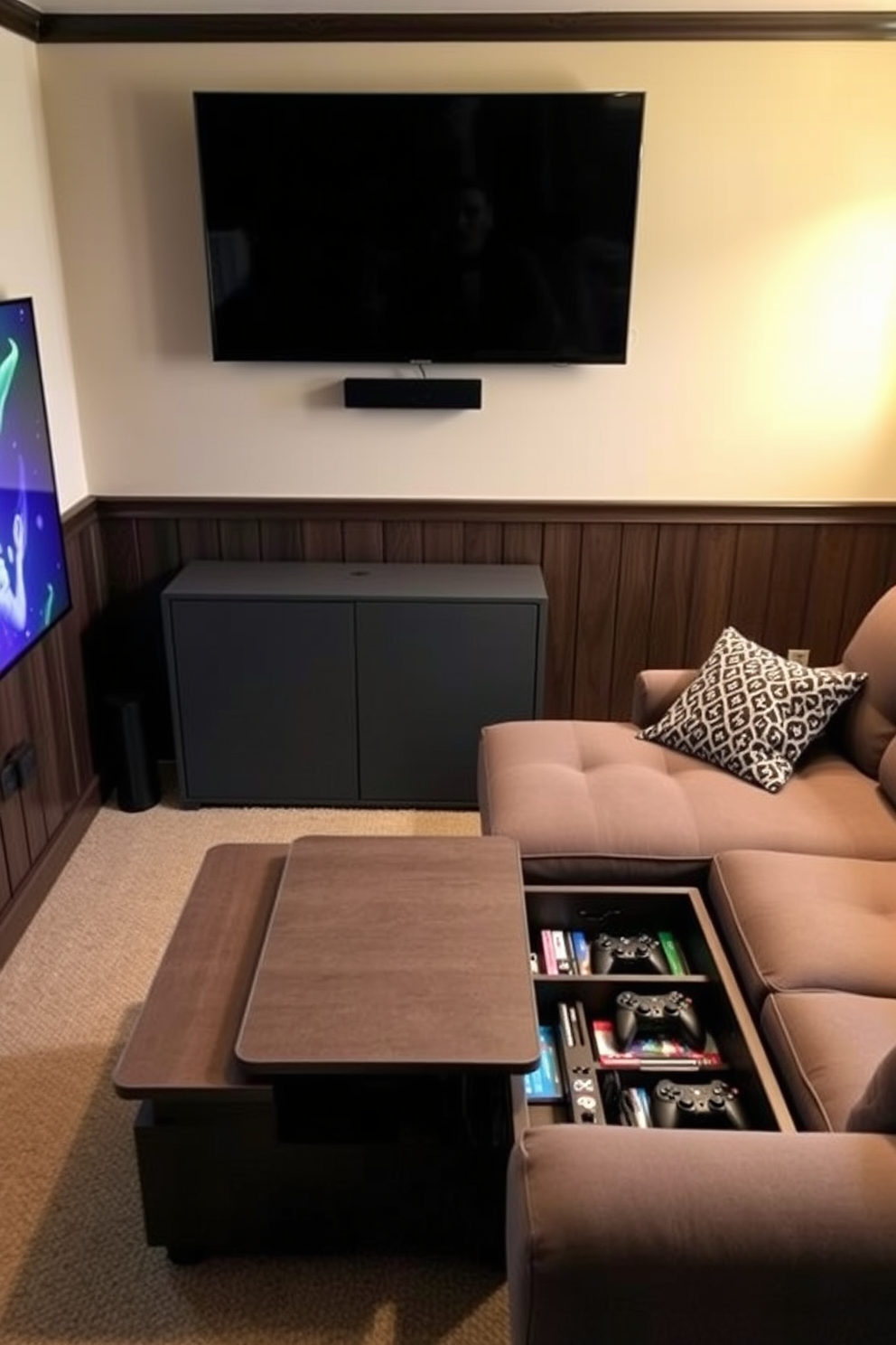 A cozy man cave featuring hidden storage solutions for gaming accessories. The room is designed with a sleek, modern aesthetic, incorporating a comfortable sectional sofa and a large wall-mounted TV. In the corner, a stylish coffee table doubles as a storage unit, keeping games and controllers neatly tucked away. The walls are adorned with dark wood paneling, and ambient lighting creates a warm and inviting atmosphere.