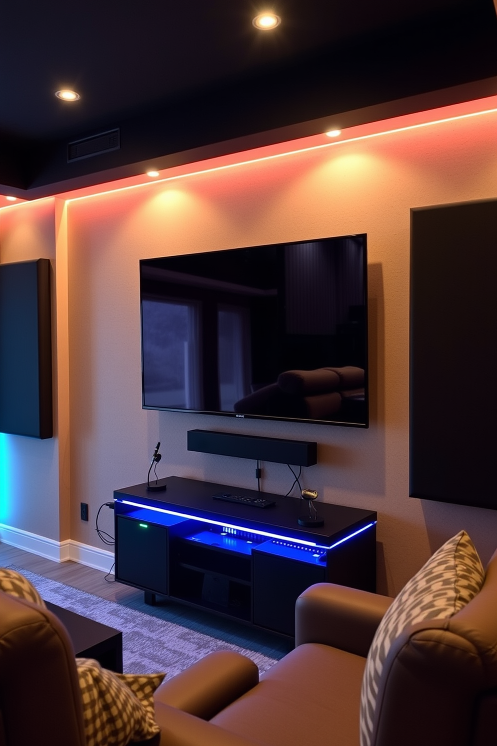 A cozy man cave featuring a wall-mounted TV above a sleek gaming console. The space is designed with comfortable seating, ambient lighting, and soundproofing elements for an immersive gaming experience.