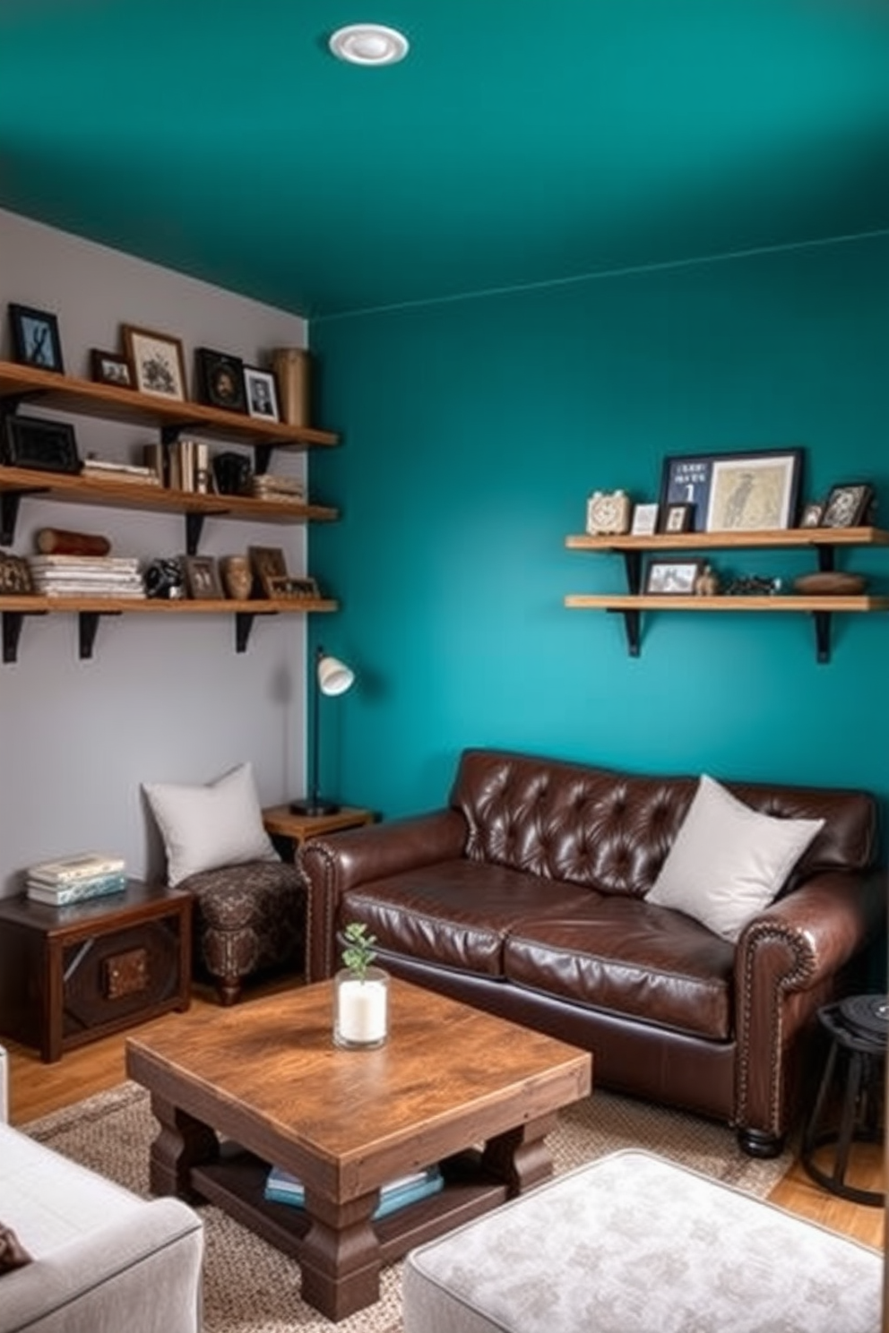 A vibrant accent wall painted in deep teal serves as the focal point of the room. Surrounding this wall are neutral-toned furnishings that create a balanced and inviting atmosphere. The tiny man cave features a cozy seating area with a plush leather sofa and a rustic wooden coffee table. Wall-mounted shelves display an array of collectibles, while soft lighting enhances the intimate vibe of the space.