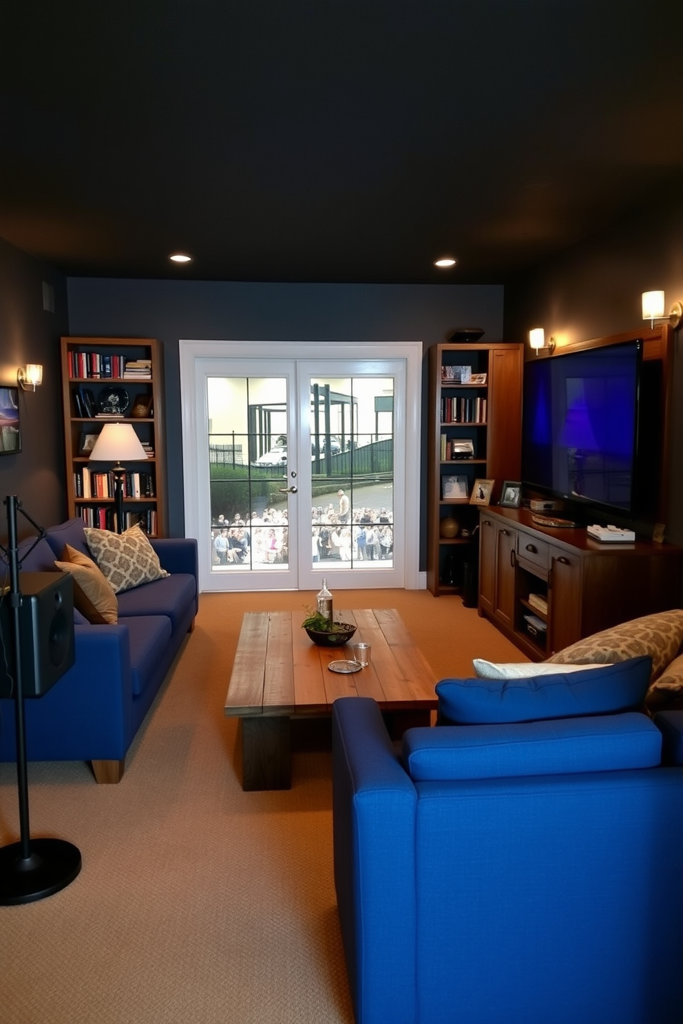 A cozy man cave designed for relaxation and entertainment. The space features a comfortable sectional sofa in a deep blue fabric, paired with a rustic coffee table made from reclaimed wood. On one wall, a large flat-screen TV is mounted, surrounded by shelves filled with books and memorabilia. Ambient lighting is provided by stylish floor lamps and wall sconces, creating a warm and inviting atmosphere. In one corner, a portable speaker system is set up for music enjoyment, seamlessly blending with the decor. The walls are painted in a dark gray hue, enhancing the intimate feel of this personal retreat.