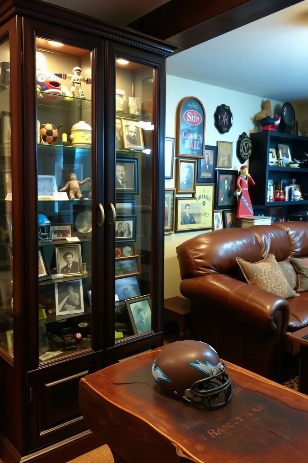 A nostalgic memorabilia display case filled with cherished items from the past. The wooden frame is dark stained, and the glass doors allow for a clear view of vintage toys, photographs, and memorabilia arranged artfully inside. A cozy man cave designed for relaxation and entertainment. The space features a plush leather sofa, a rustic coffee table, and wall-mounted shelves displaying collectibles and sports memorabilia.