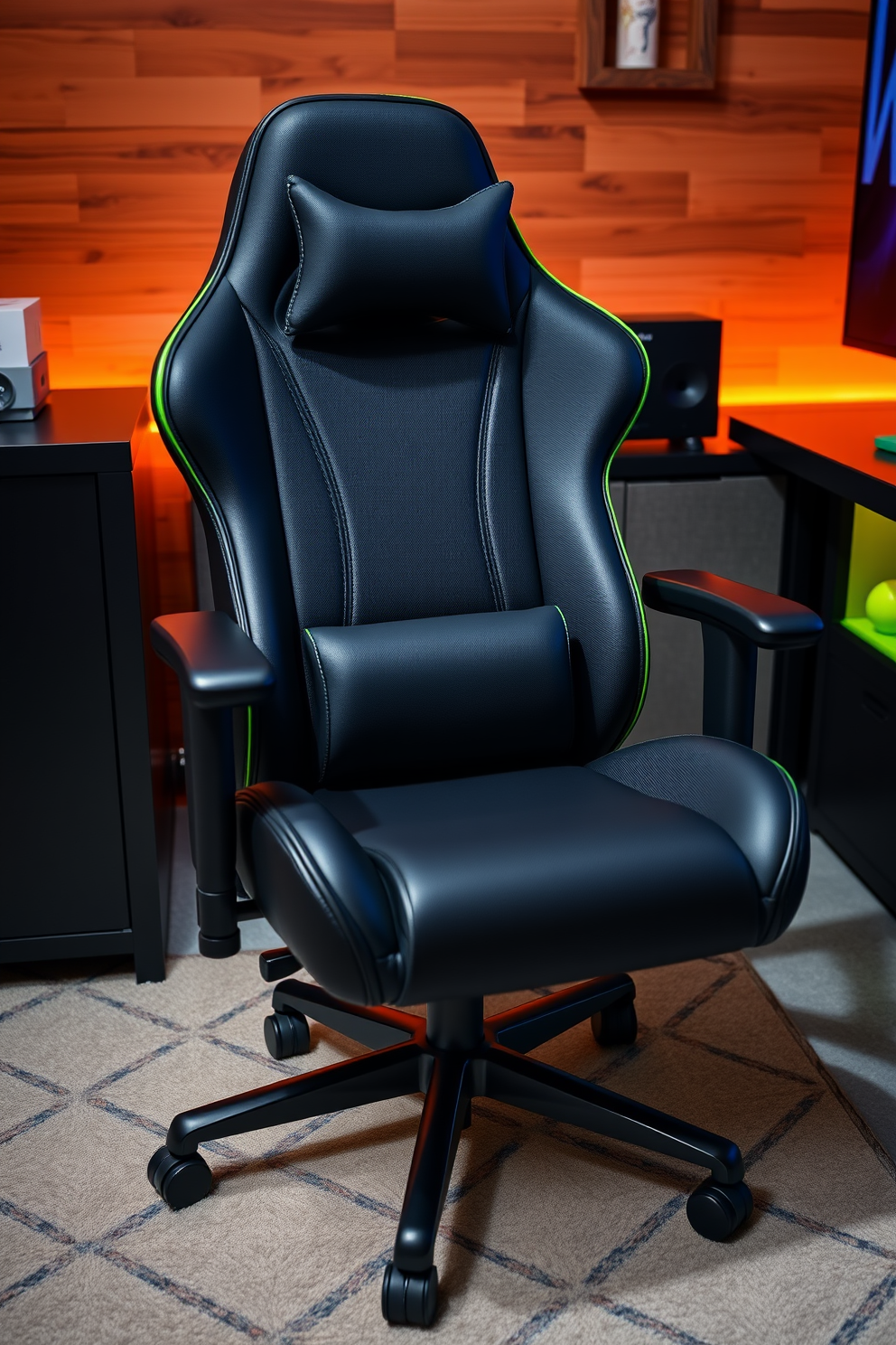 A compact gaming chair designed for optimal comfort features plush cushioning and ergonomic support, perfect for long gaming sessions. The chair is upholstered in a sleek black fabric with subtle accents of neon green to enhance the gaming aesthetic. For a tiny man cave, consider a space that maximizes functionality without sacrificing style. Incorporate modular furniture that can easily be rearranged, along with ambient lighting to create a cozy and inviting atmosphere.