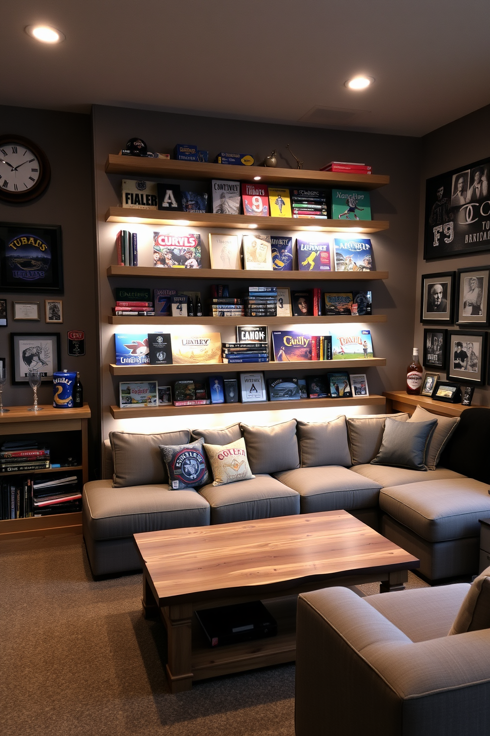 A stylish wall-mounted game storage solution featuring sleek wooden shelves that display an array of board games and collectibles. The design incorporates ambient lighting to highlight the games, creating an inviting atmosphere for game nights. A cozy man cave design that includes a comfortable sectional sofa and a rustic coffee table made from reclaimed wood. The walls are adorned with sports memorabilia and framed art, while a mini bar in the corner offers a perfect spot for refreshments.