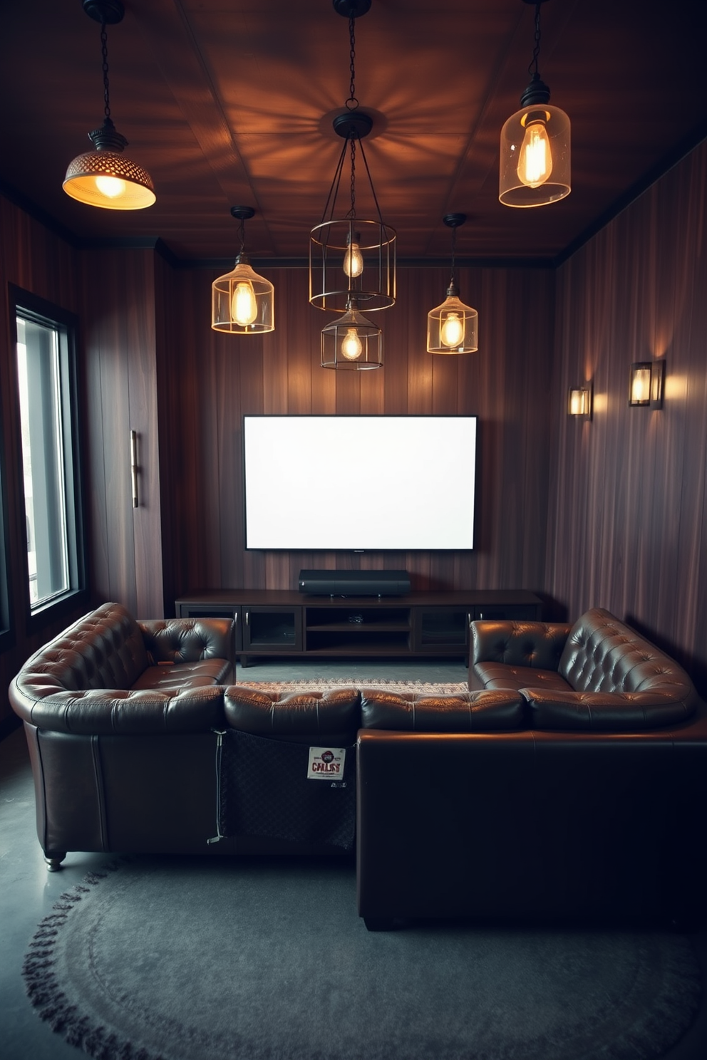 A cozy man cave featuring a deep leather sofa positioned in front of a sleek entertainment unit. The walls are adorned with dark wood paneling, and a vintage rug lies on the polished concrete floor. Stylish decorative lighting fixtures hang from the ceiling, casting a warm glow across the room. A combination of pendant lights and wall sconces creates an inviting ambiance perfect for relaxation and entertainment.