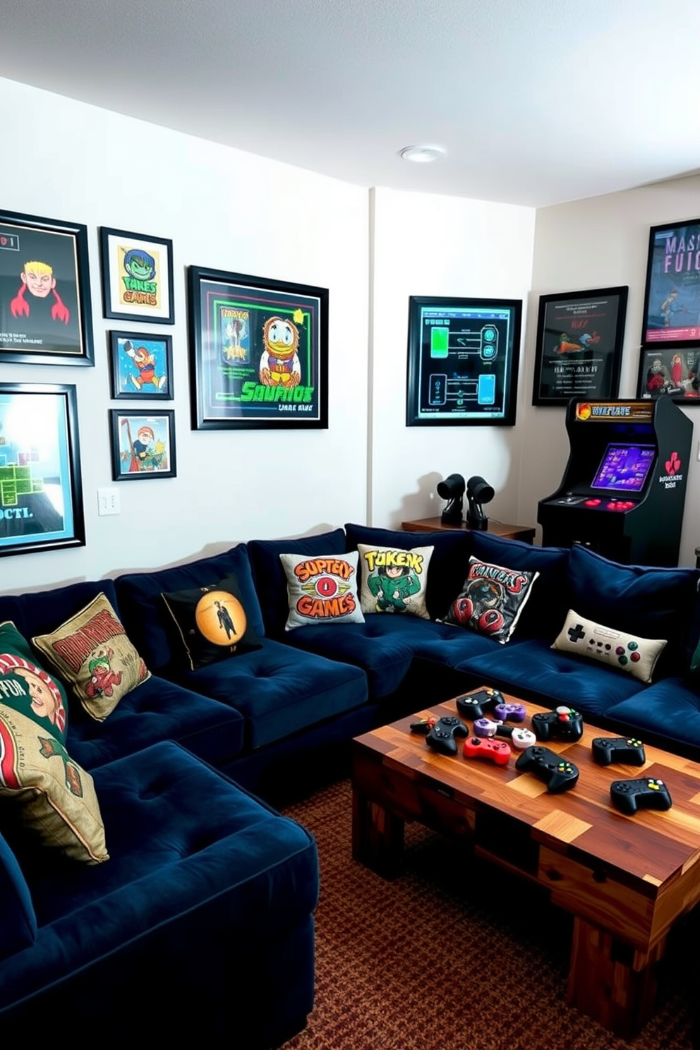 A cozy man cave inspired by classic video games. The walls are adorned with framed artwork of iconic game characters, and a vintage arcade machine sits in the corner. A plush sectional sofa in a deep blue color offers ample seating, complemented by throw pillows featuring game-themed designs. A coffee table made from reclaimed wood holds a collection of gaming controllers and snacks, creating a perfect gathering spot for friends.