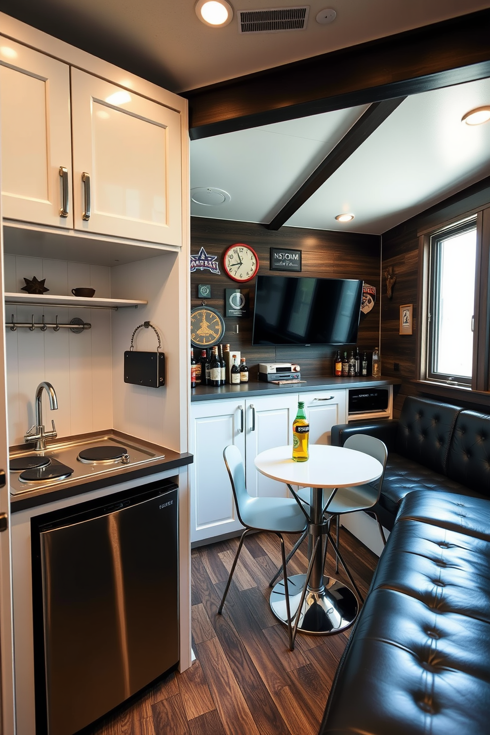 A cozy small kitchenette designed for quick meals. It features a compact layout with a two-burner stove, a small refrigerator, and a sink, all in sleek stainless steel. The cabinetry is painted in a soft white, providing a clean and bright atmosphere. A small bistro table with two chairs is placed by the window, creating a perfect spot for casual dining. A stylish tiny man cave designed for relaxation and entertainment. The space includes a comfortable leather sofa, a wall-mounted flat-screen TV, and a mini bar stocked with drinks. The walls are adorned with sports memorabilia and dark wood paneling, giving it a masculine touch. Soft lighting creates a warm ambiance, perfect for unwinding after a long day.