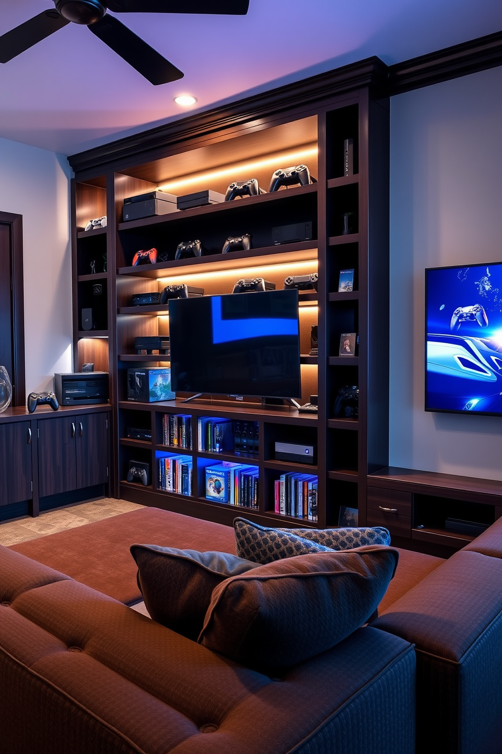 A cozy man cave featuring custom-built shelving designed to hold gaming gear. The shelves are made of dark wood with integrated LED lighting to highlight the collection of consoles and games. The space includes a comfortable sectional sofa in a rich fabric, creating an inviting area for relaxation and gaming. A large wall-mounted screen is positioned opposite the seating, perfect for immersive gaming experiences.