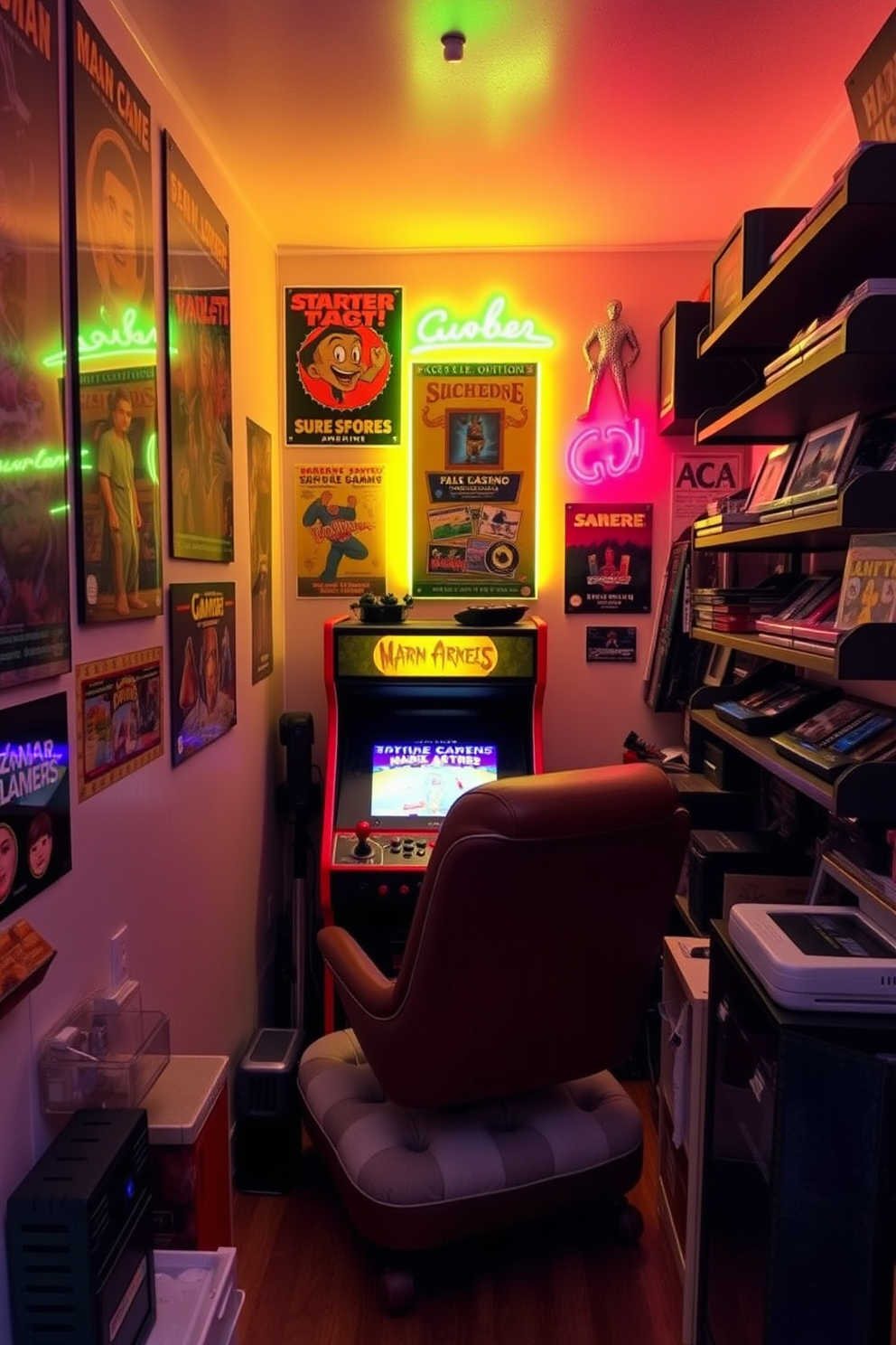 A vintage arcade game setup in a cozy corner of a tiny man cave. The walls are adorned with retro posters and neon lights, creating a nostalgic atmosphere. A plush gaming chair is positioned in front of the arcade machine, providing comfort during long gaming sessions. Shelves filled with classic game cartridges and memorabilia line the walls, adding to the charm of the space.