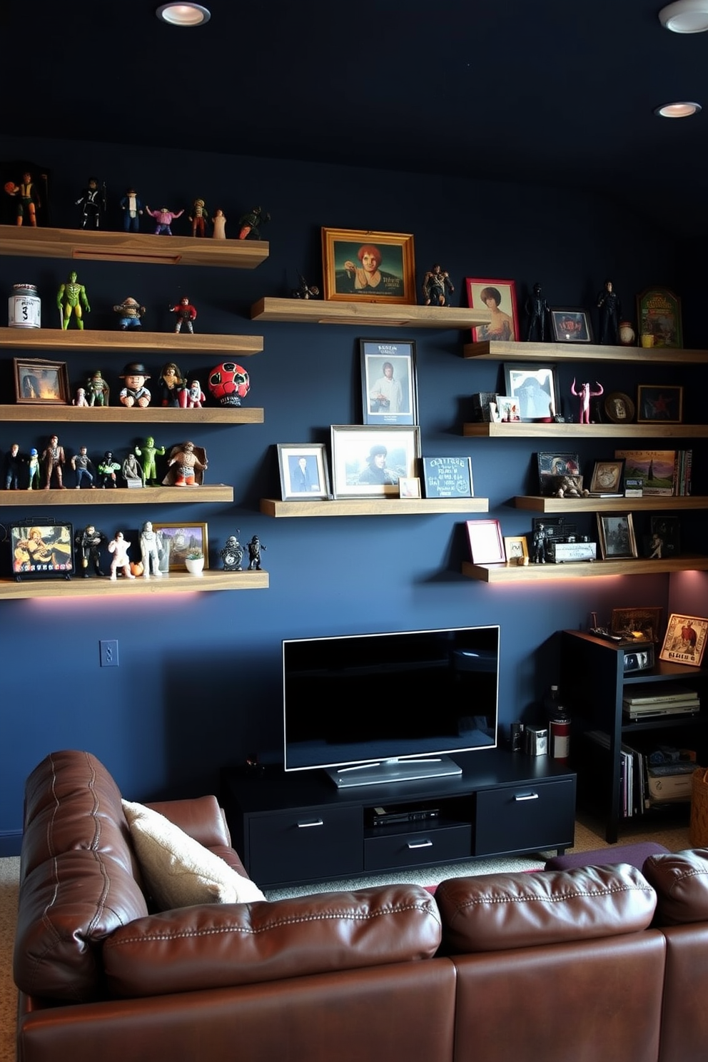 A cozy man cave featuring floating shelves adorned with a curated collection of vintage collectibles. The walls are painted in a deep navy blue, and a plush leather sofa is positioned in front of a sleek entertainment center. The floating shelves are made of reclaimed wood, showcasing an array of unique items such as action figures, sports memorabilia, and travel souvenirs. Soft ambient lighting highlights the collectibles, creating an inviting atmosphere perfect for relaxation and entertainment.