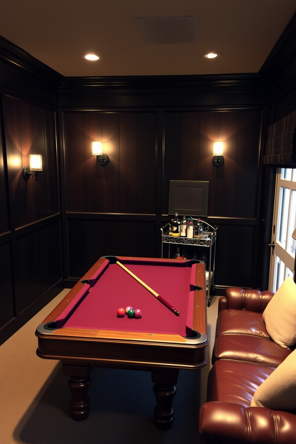 A compact pool table is the centerpiece of a cozy man cave designed for entertainment. The walls are adorned with dark wood paneling, and a plush leather sofa is positioned nearby for comfortable seating. In one corner, a small bar cart holds an assortment of drinks and glassware. Ambient lighting from stylish sconces creates a warm and inviting atmosphere for friends to gather and enjoy games.