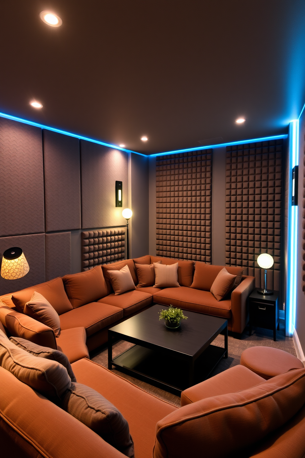 A cozy man cave designed for relaxation and entertainment. The space features soundproofing panels on the walls to ensure a quiet environment, creating the perfect retreat. Comfortable seating arrangements include a plush sectional sofa and a sleek coffee table. Ambient lighting enhances the atmosphere, with strategically placed lamps and LED strips adding a modern touch.