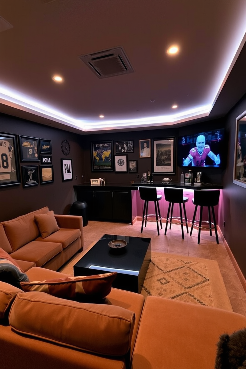 A cozy man cave featuring mood lighting with LED strip lights that create a warm and inviting atmosphere. The space includes a plush sectional sofa, a sleek coffee table, and a large flat-screen TV mounted on the wall. In one corner, a small bar area with high stools is illuminated by soft LED lights, perfect for entertaining friends. The walls are adorned with framed sports memorabilia and artwork, adding a personal touch to the design.