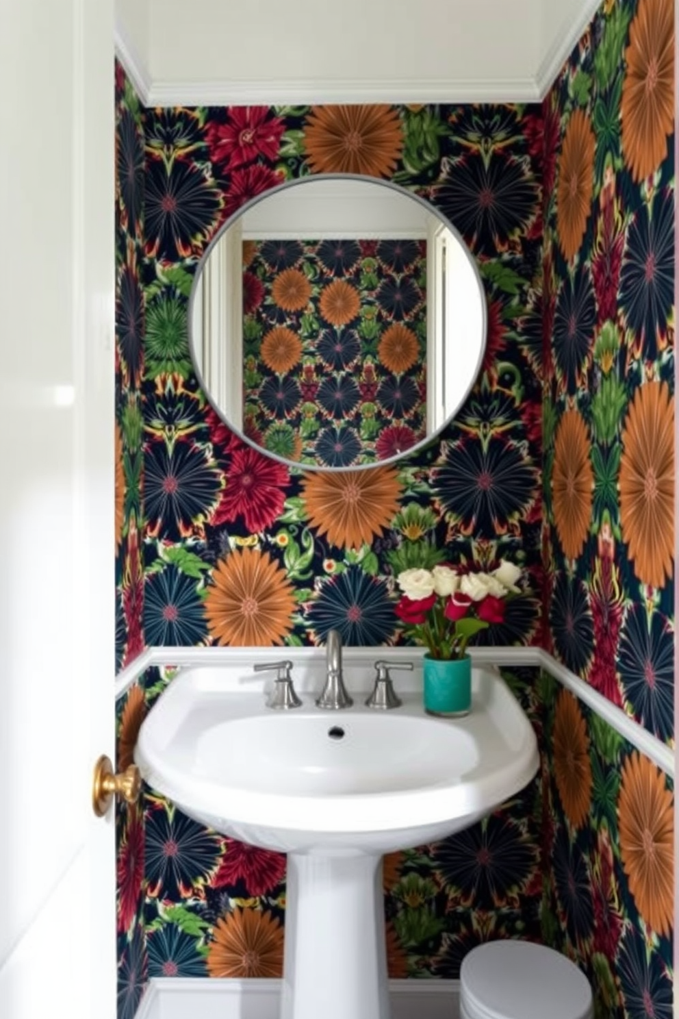 A tiny powder room featuring bold wallpaper with vibrant patterns that creates a striking visual impact. The space includes a sleek pedestal sink with a modern faucet and a round mirror that reflects the lively design.