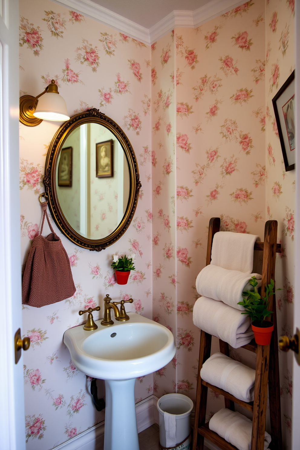 A charming tiny powder room featuring vintage accents that add character and warmth. The walls are adorned with delicate floral wallpaper, and a small pedestal sink with a brass faucet sits against one wall. A round mirror with an ornate gold frame hangs above the sink, reflecting the soft glow of a vintage sconce. A wooden ladder is leaned against the wall, displaying neatly rolled towels, while a small potted plant adds a touch of greenery to the space.