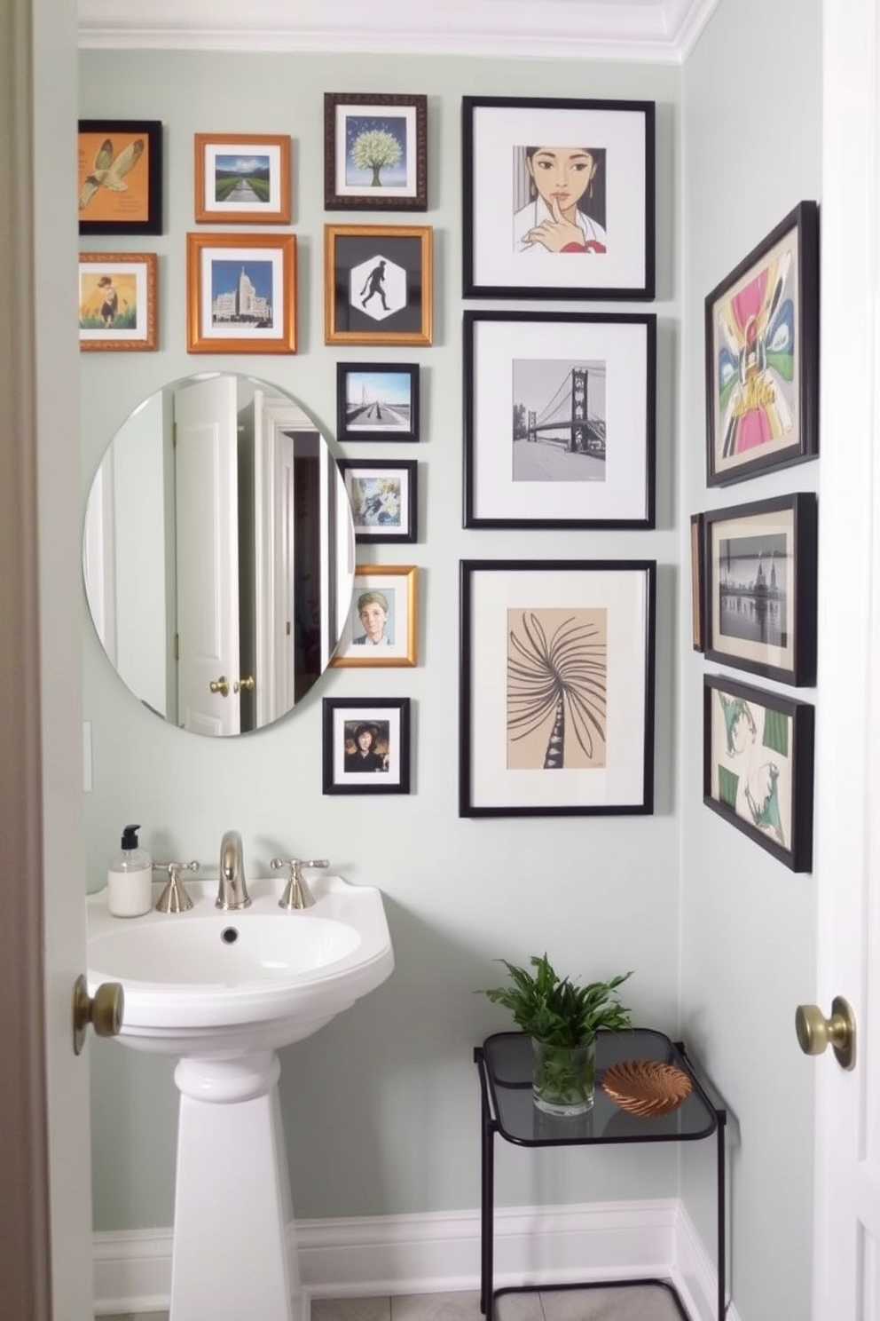 Create a gallery wall featuring a collection of small framed artworks in various styles and colors. The wall is painted in a soft pastel hue, enhancing the visual appeal of the displayed pieces. Design a tiny powder room that maximizes space while maintaining elegance. Incorporate a sleek pedestal sink, a wall-mounted mirror, and decorative accents to create a welcoming atmosphere.