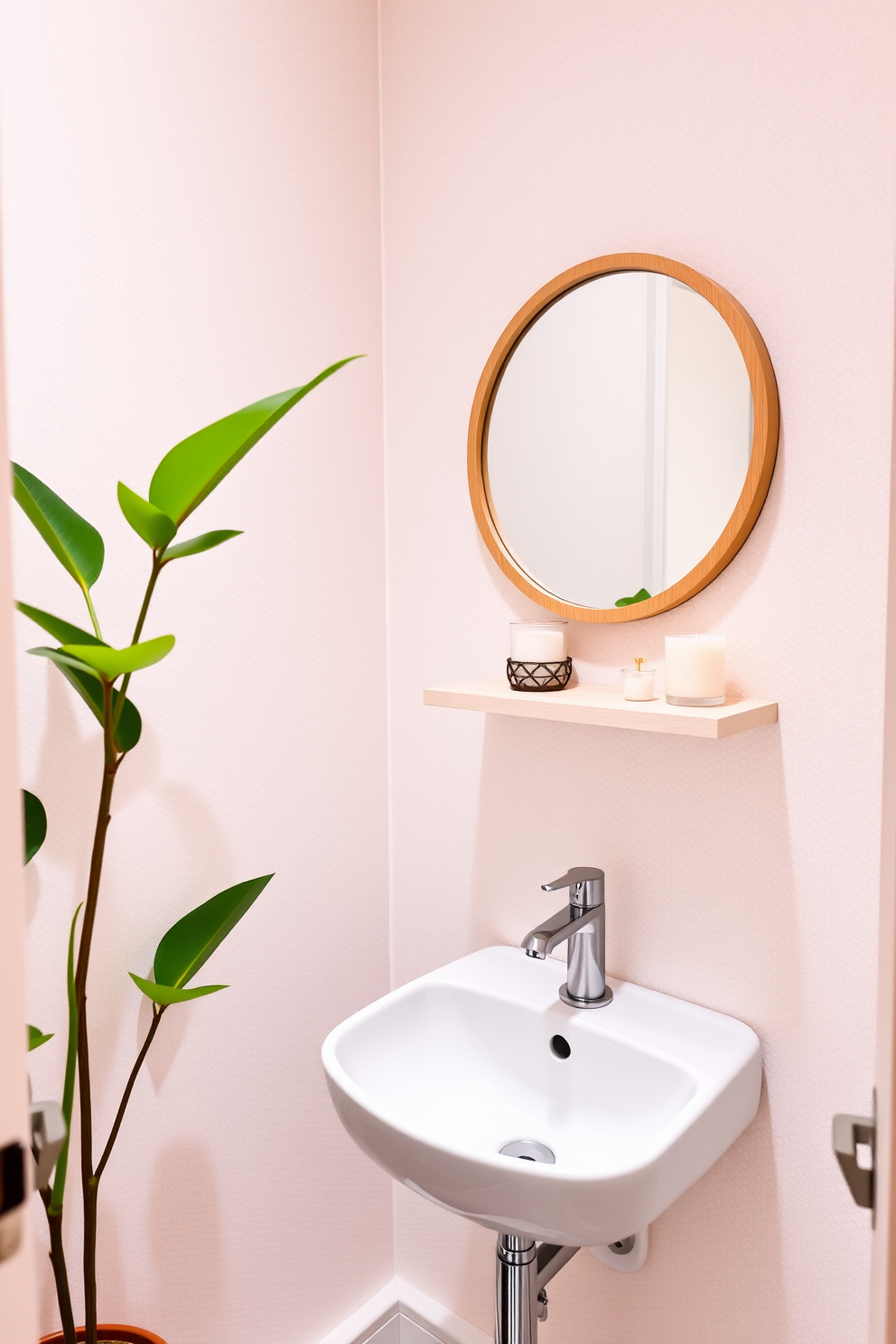 A charming tiny powder room featuring a sleek wall-mounted sink with a brushed nickel faucet. The walls are adorned with a soft pastel wallpaper, and a small round mirror with a wooden frame hangs above the sink. In one corner, a tall potted plant adds a vibrant splash of greenery, creating a refreshing atmosphere. A minimalist shelf above the sink holds neatly arranged toiletries and a decorative candle.