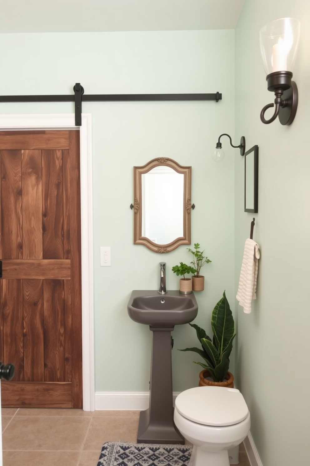 A stylish tiny powder room features a sliding barn door made of reclaimed wood that adds rustic charm. The walls are painted in a soft pastel hue, creating an inviting atmosphere while maximizing the sense of space. The compact vanity includes a sleek pedestal sink complemented by a vintage mirror above it. Decorative elements such as potted plants and elegant lighting fixtures enhance the room's character without overwhelming its small size.