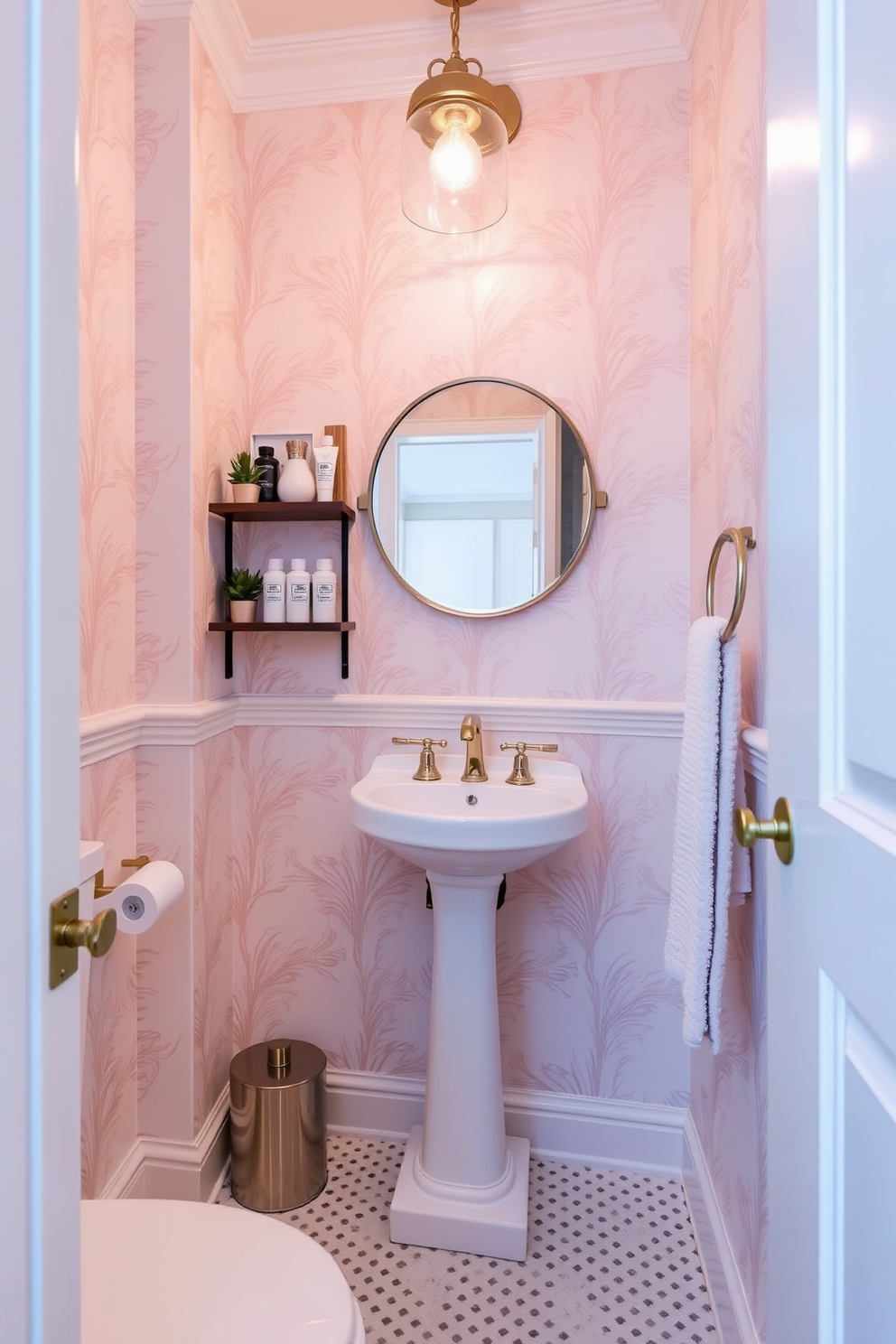 A chic powder room featuring a compact toilet design that maximizes space. The walls are adorned with elegant wallpaper in soft pastels, and a small pedestal sink complements the overall aesthetic. A round mirror hangs above the sink, reflecting the stylish light fixture above. Decorative shelves hold neatly arranged toiletries and a small potted plant, adding a touch of greenery to the room.