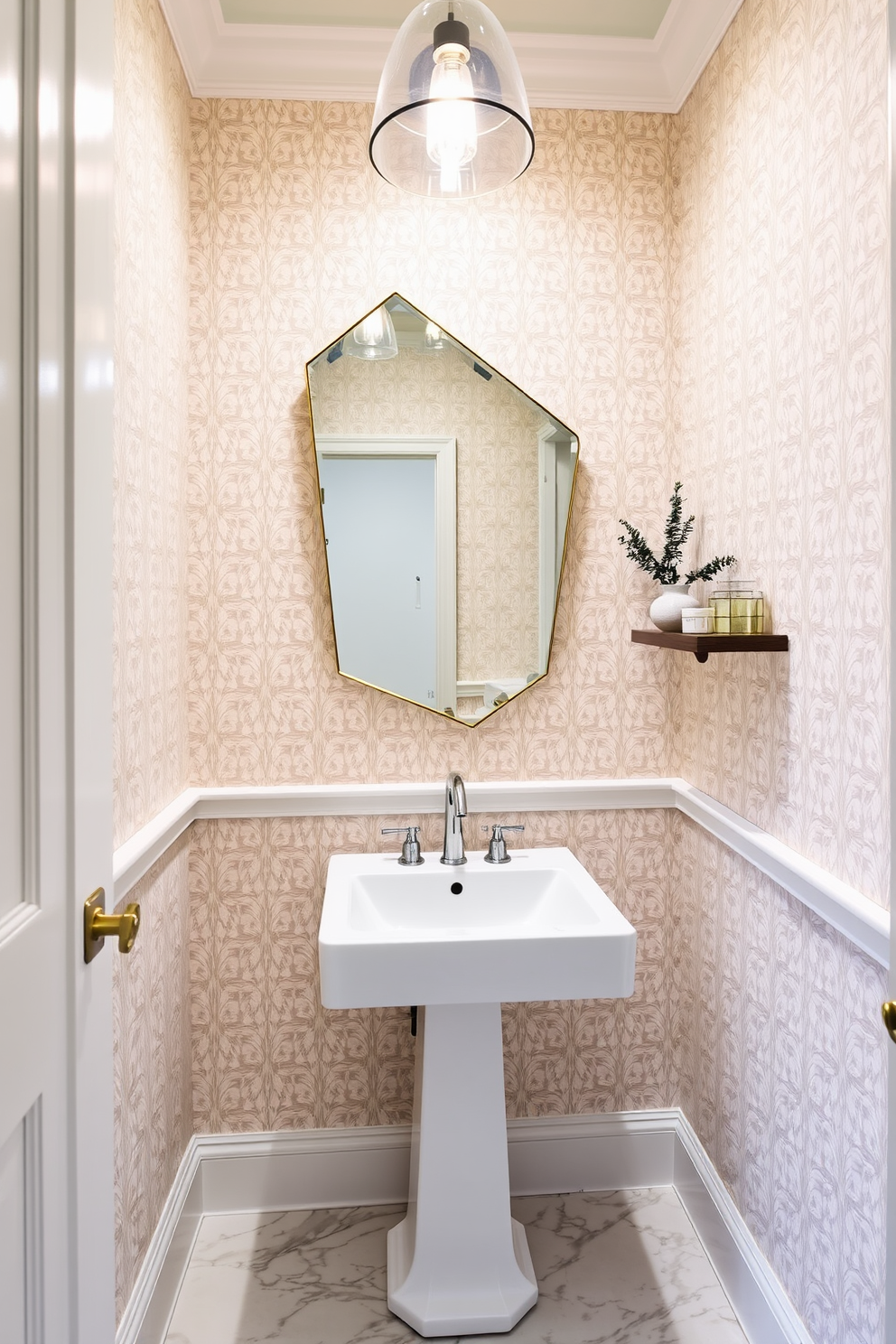 A chic powder room features a unique mirror with an asymmetrical shape mounted above a sleek pedestal sink. The walls are adorned with a soft pastel wallpaper, and the floor is covered with elegant marble tiles. A small wooden shelf holds decorative items, adding personality to the space. A stylish pendant light hangs from the ceiling, casting a warm glow throughout the room.